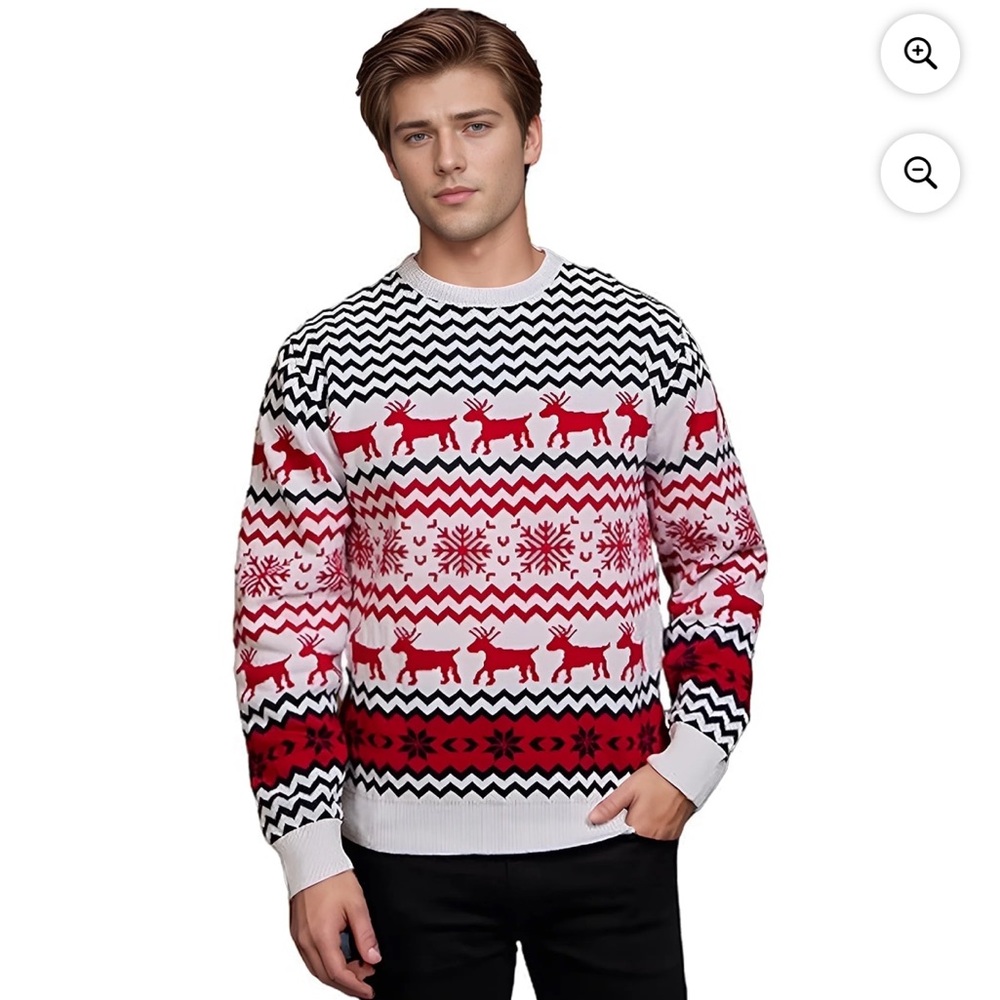Men’s Christmas Sweater Reindeer, Snowflakes, Matching Women's Ugly Sweater